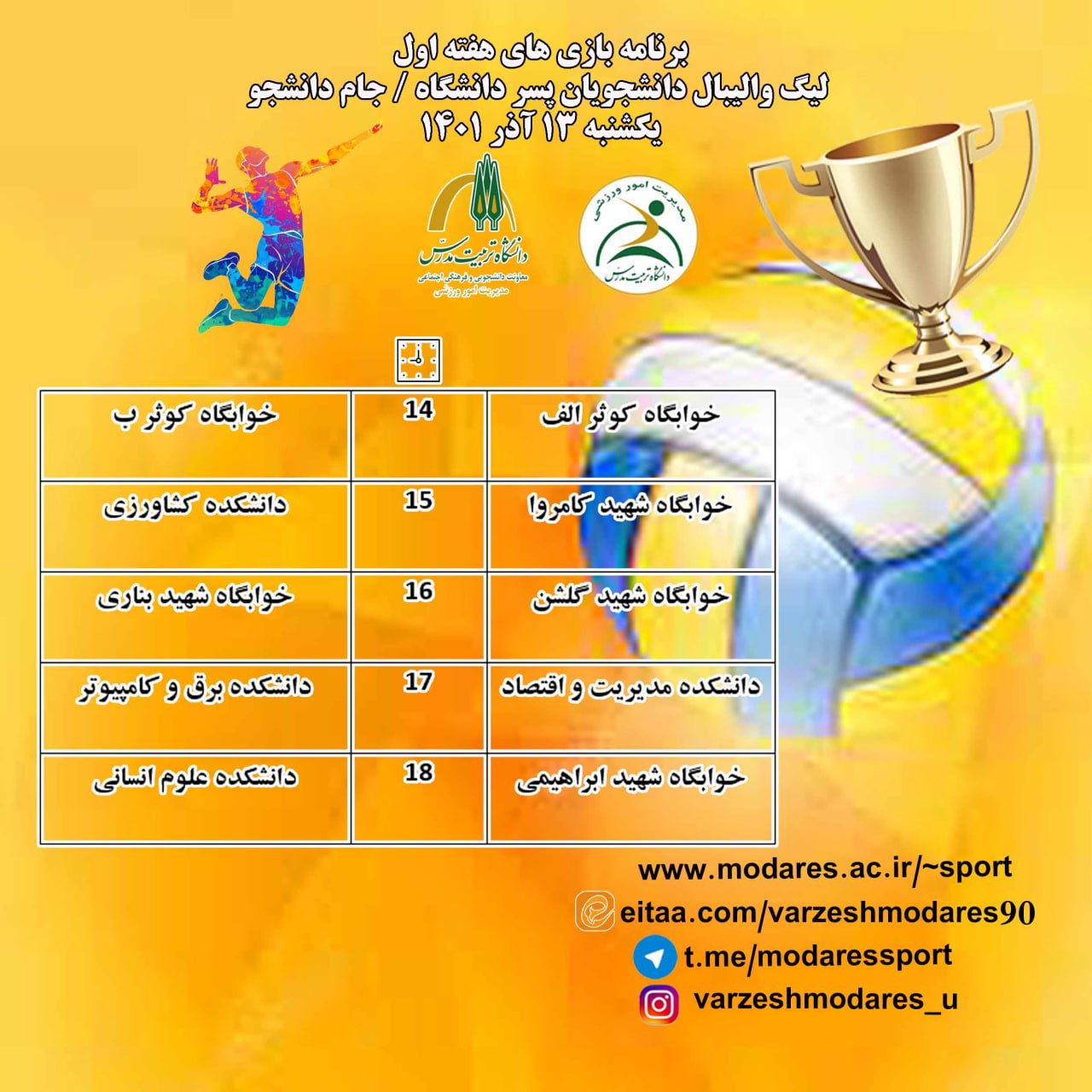 برنامه بازی‌های هفته اول لیگ والیبال دانشجویان پسر دانشگاه (جام دانشجو)