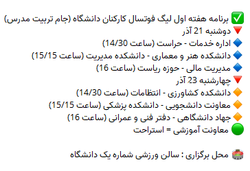 برنامه هفته اول لیگ فوتسال کارکنان دانشگاه (جام تربیت مدرس)
